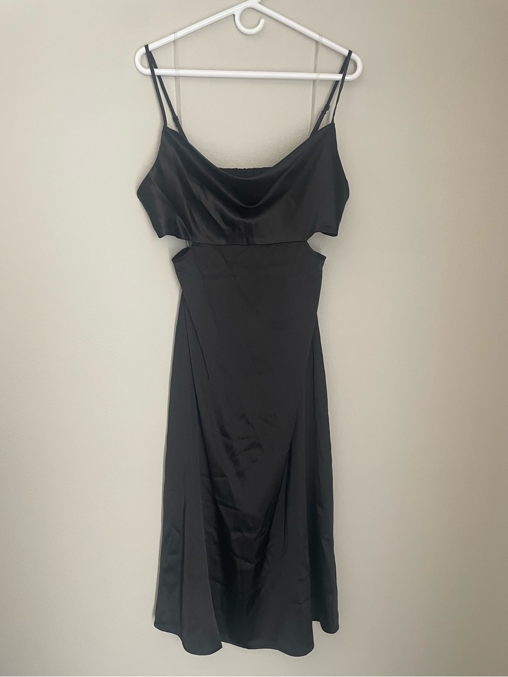 Black Midi Satin Slip Dress with Cowl Neck and Back Cutout